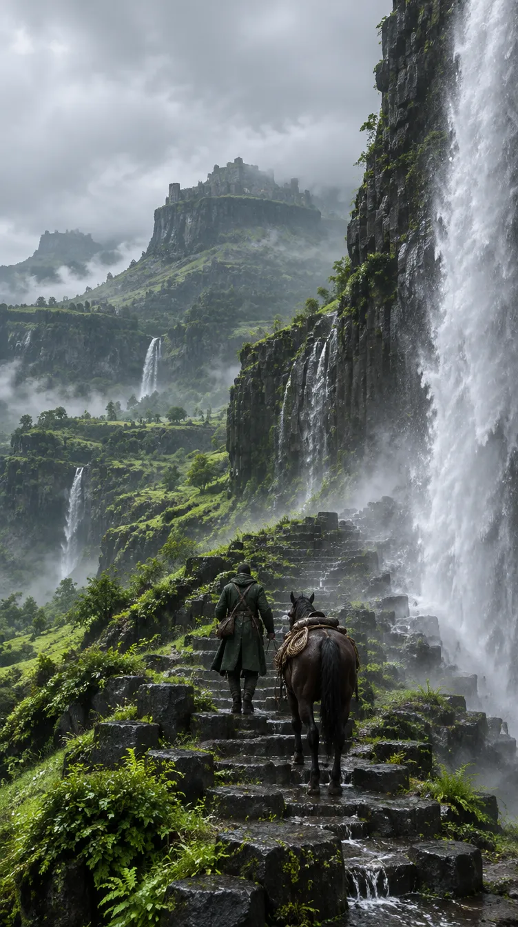 Rao menuntun Monsoon menaiki tangga tiang basal basah di samping air terjun berkabut.