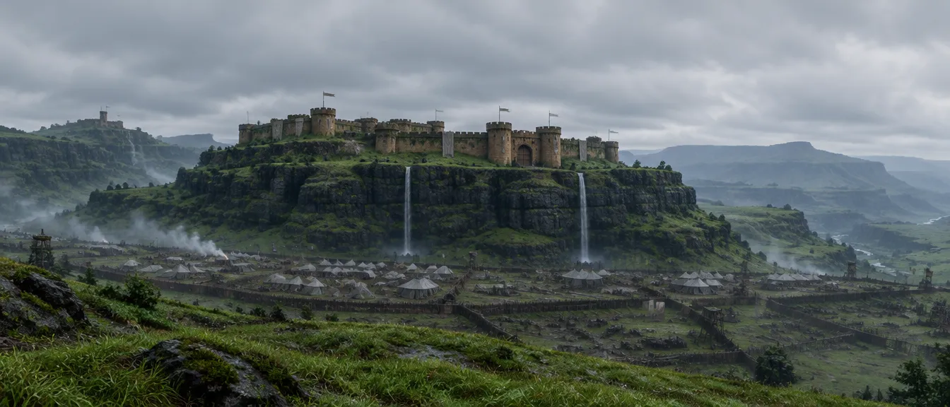 Benteng Thunderhold di atas mesa basal berundak dengan dua air terjun, dikepung perkemahan Lowland Empire di kakinya.
